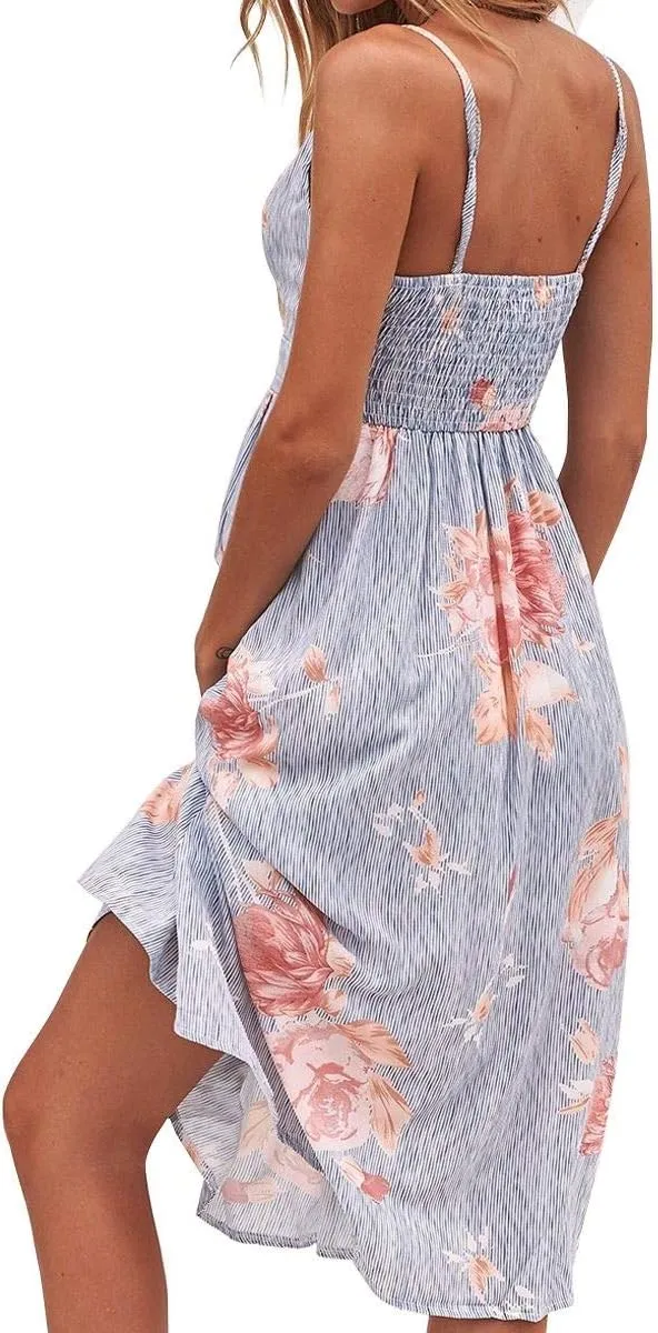 FANCYINN Womens Tie Front Button Down A-Line Dresses Summer Spaghetti Strap Midi Dress Floral Prints