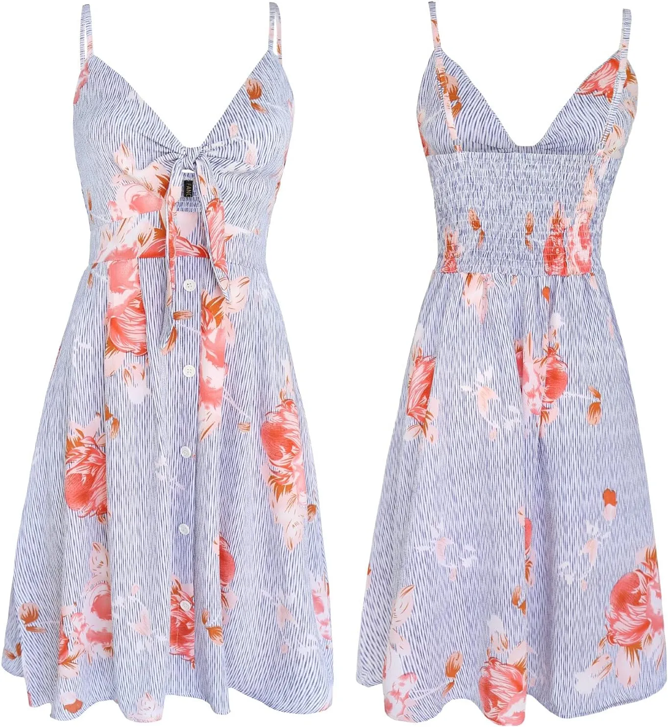FANCYINN Womens Tie Front Button Down A-Line Dresses Summer Spaghetti Strap Midi Dress Floral Prints