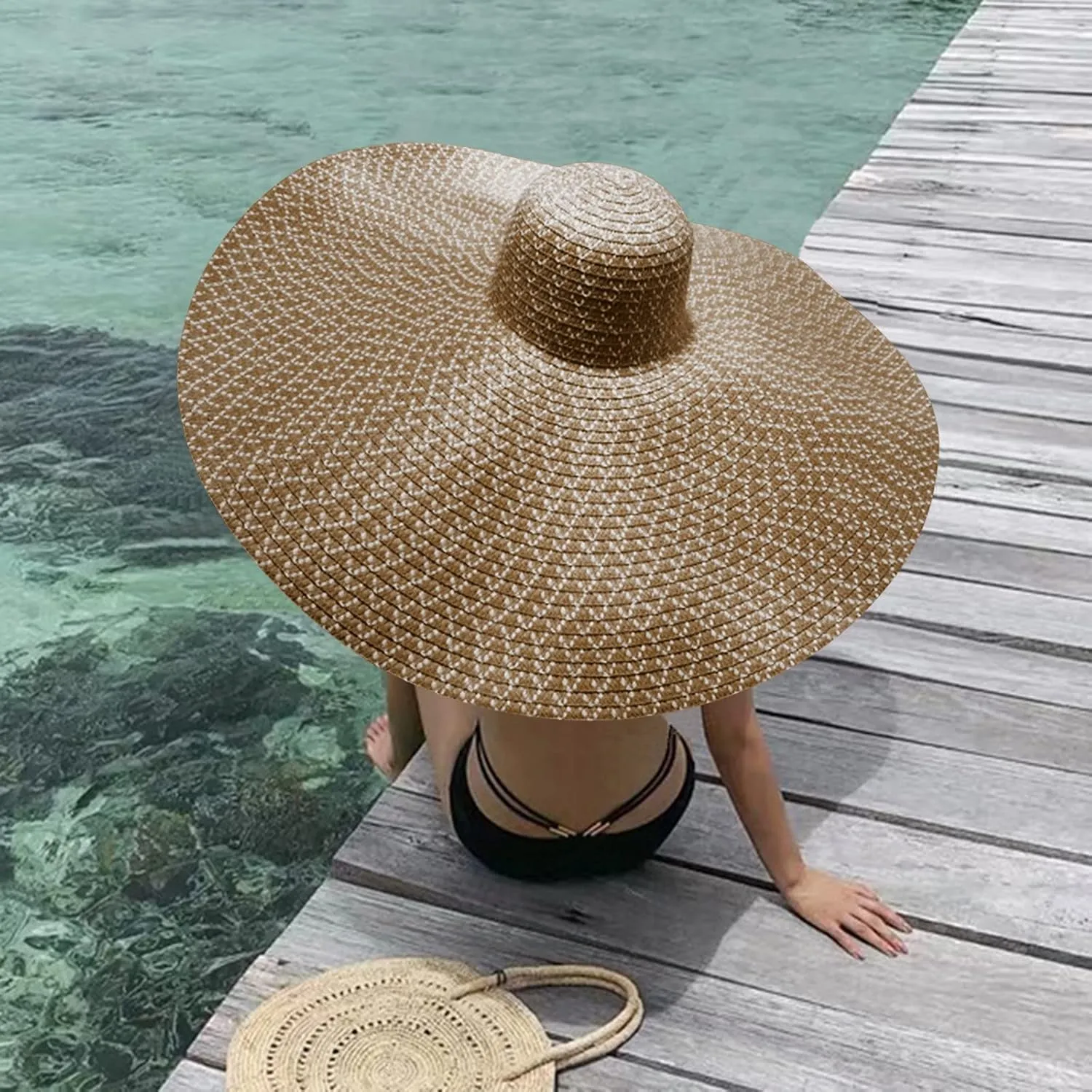 Fashion Oversized Brim Sun Hat Beach Anti-UV Sun Protection Cap Hat UPF 50  Wide Coverage Straw Caps