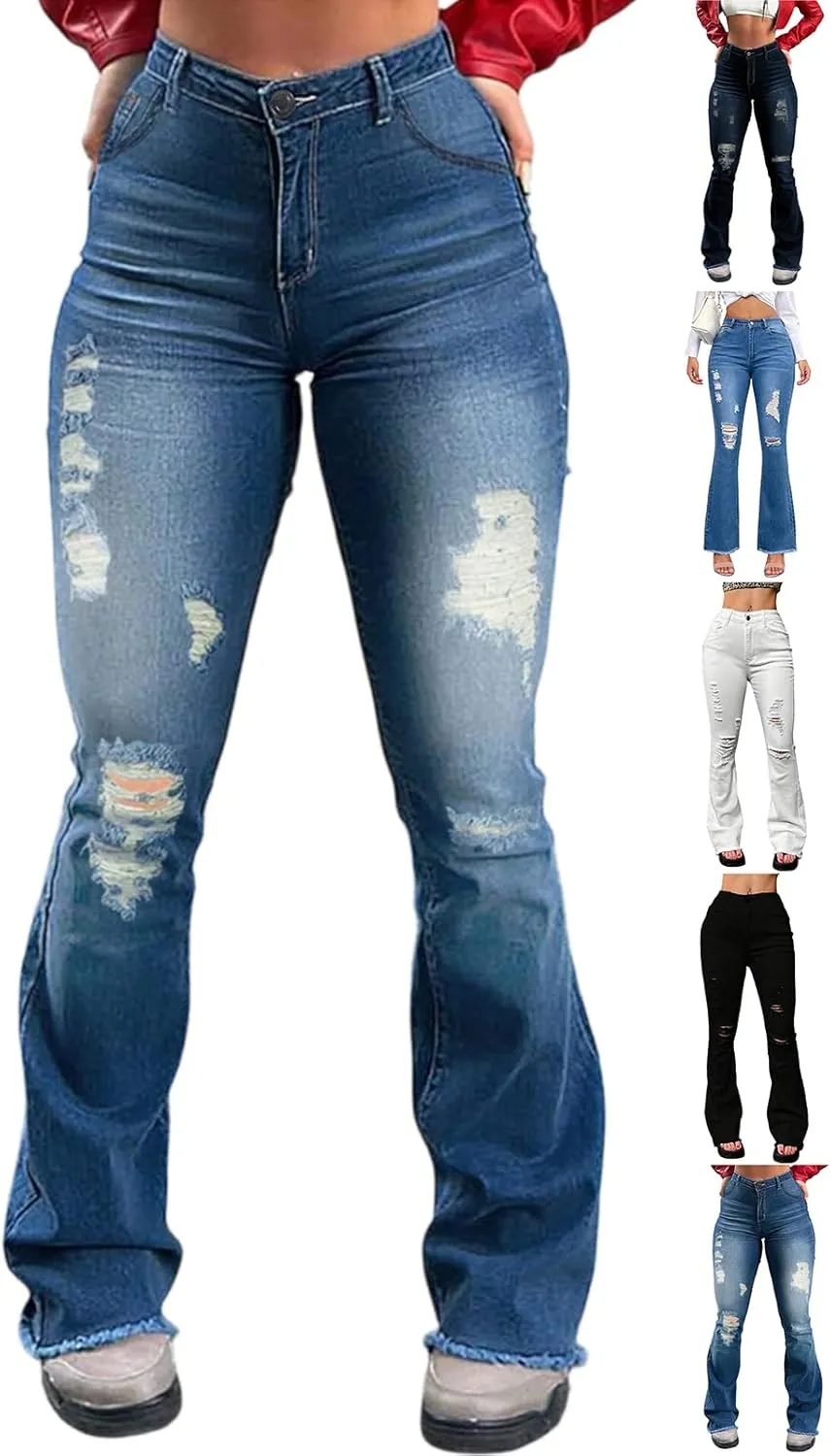 Flare Ripped Jeans Womens High Waisted Distressed Skinny Bootcut Jeans Bell Bottom Pants Denim Pants with Pockets