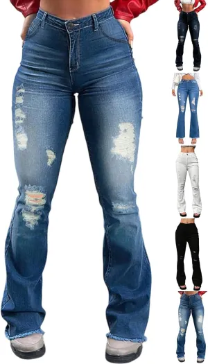 Flare Ripped Jeans Womens High Waisted Distressed Skinny Bootcut Jeans Bell Bottom Pants Denim Pants with Pockets