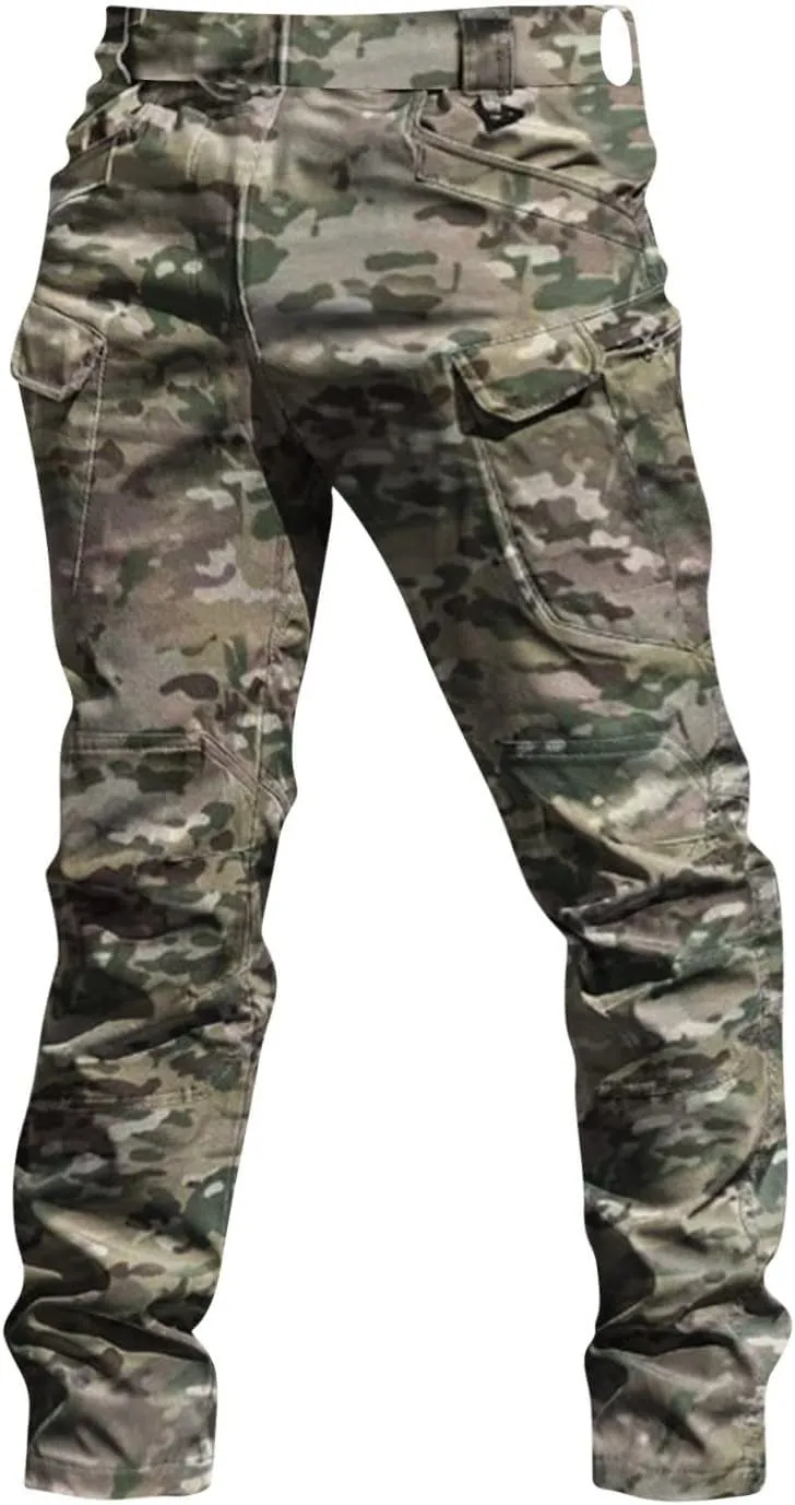Flecktarn Pants for Men Waterproof Stertch Waist Tactical Cargo Pants with Multi Pockets Outdoor Hiking Pants