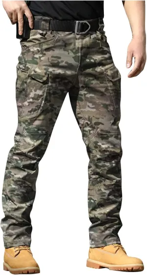 Flecktarn Pants for Men Waterproof Stertch Waist Tactical Cargo Pants with Multi Pockets Outdoor Hiking Pants