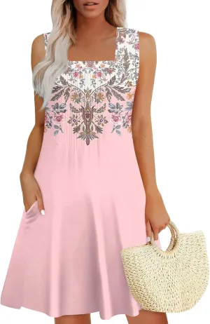 FlekmanArt Womens Summer Dresses Flowy Sleeveless Mini Dress Beach Casual Sundresses Prited Tshirt Tank Dresses with Pockets