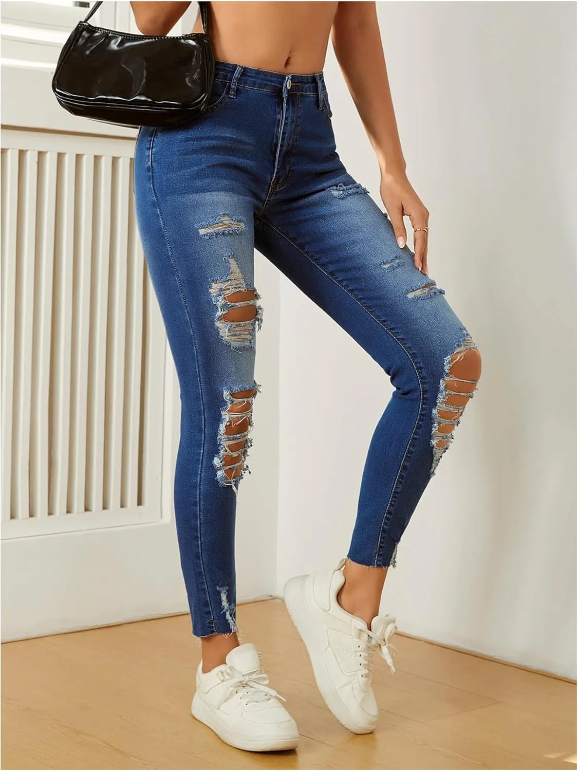 Floerns Women's Cut Out Ripped Jeans Raw Hem High Waist Skinny Denim Pants