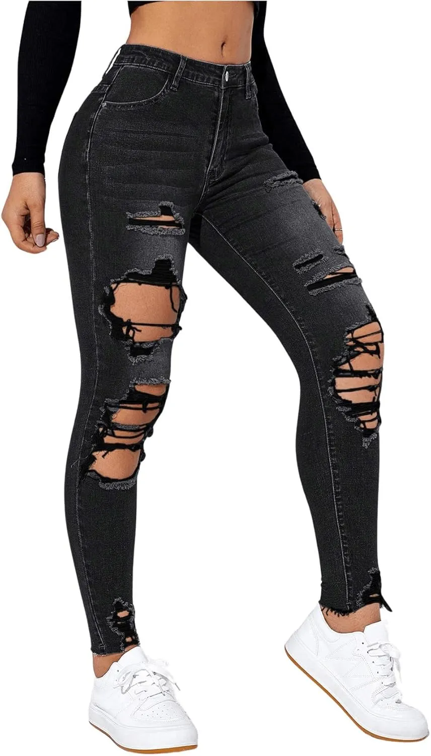 Floerns Women's Cut Out Ripped Jeans Raw Hem High Waist Skinny Denim Pants