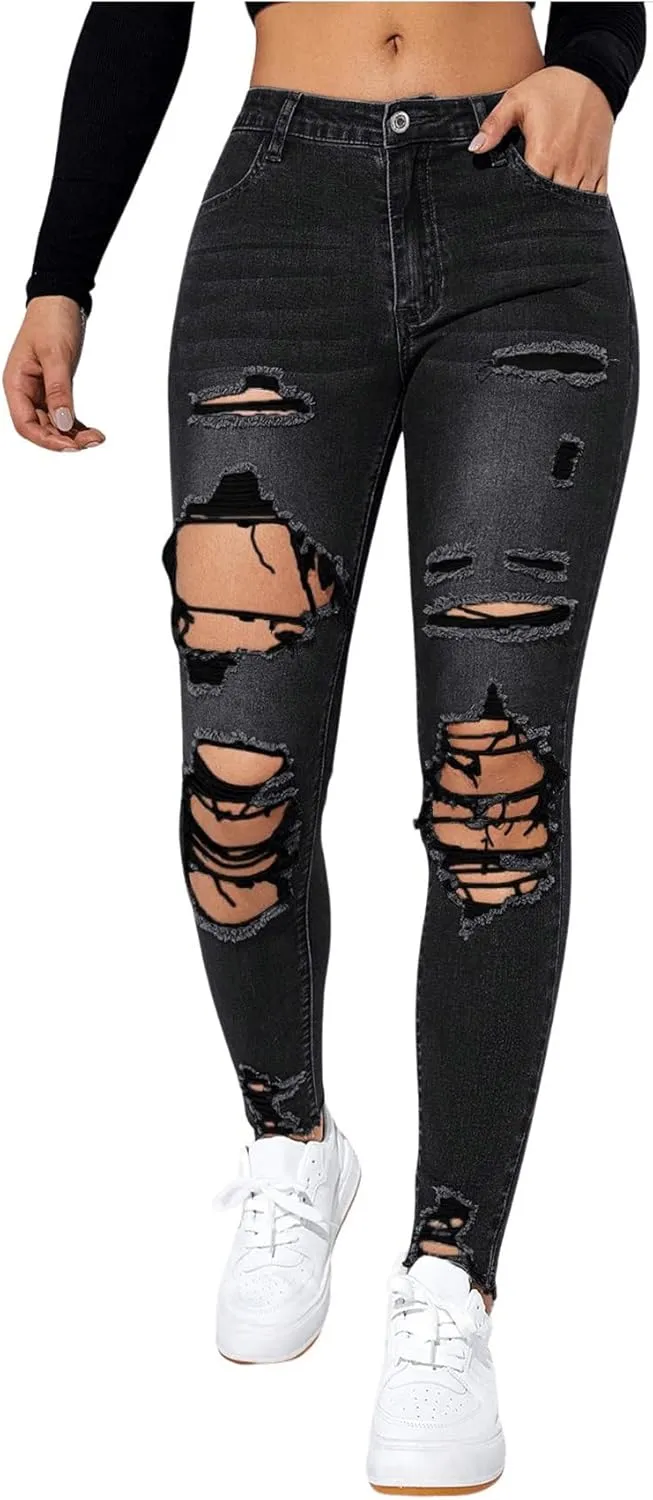 Floerns Women's Cut Out Ripped Jeans Raw Hem High Waist Skinny Denim Pants