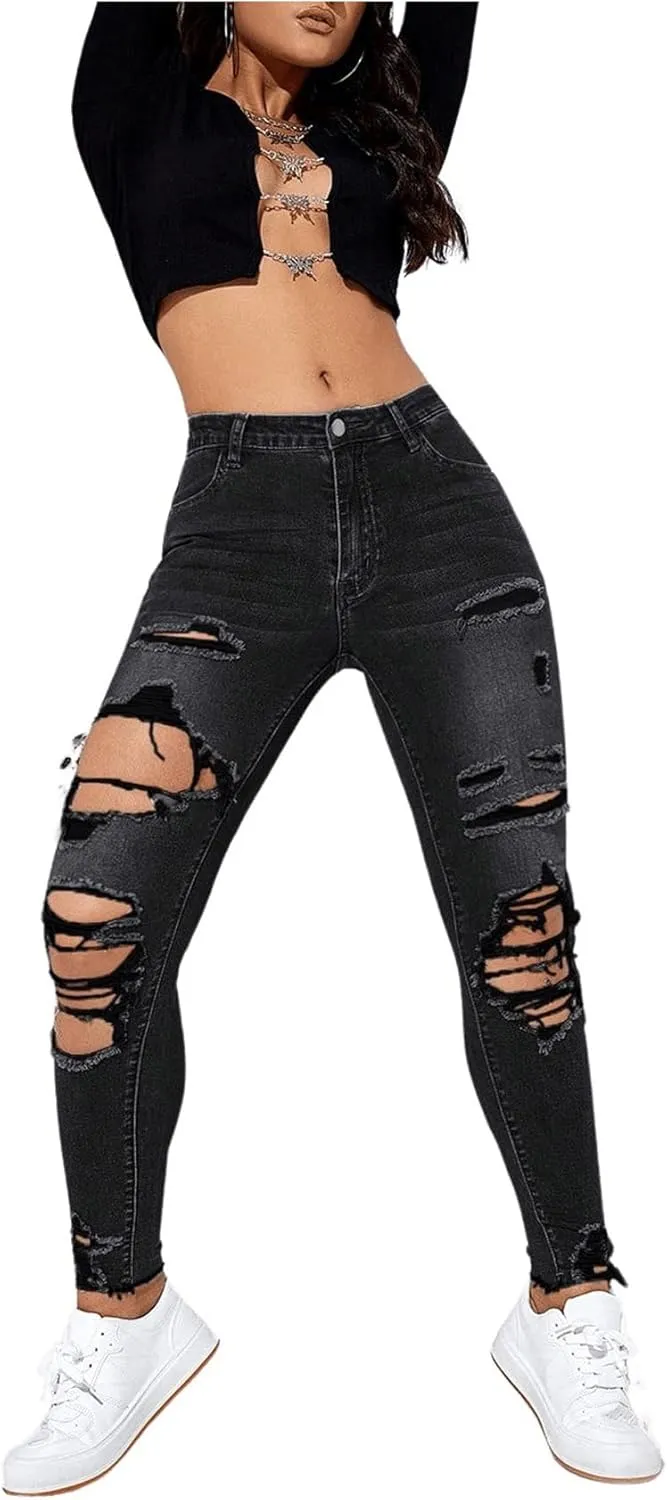 Floerns Women's Cut Out Ripped Jeans Raw Hem High Waist Skinny Denim Pants