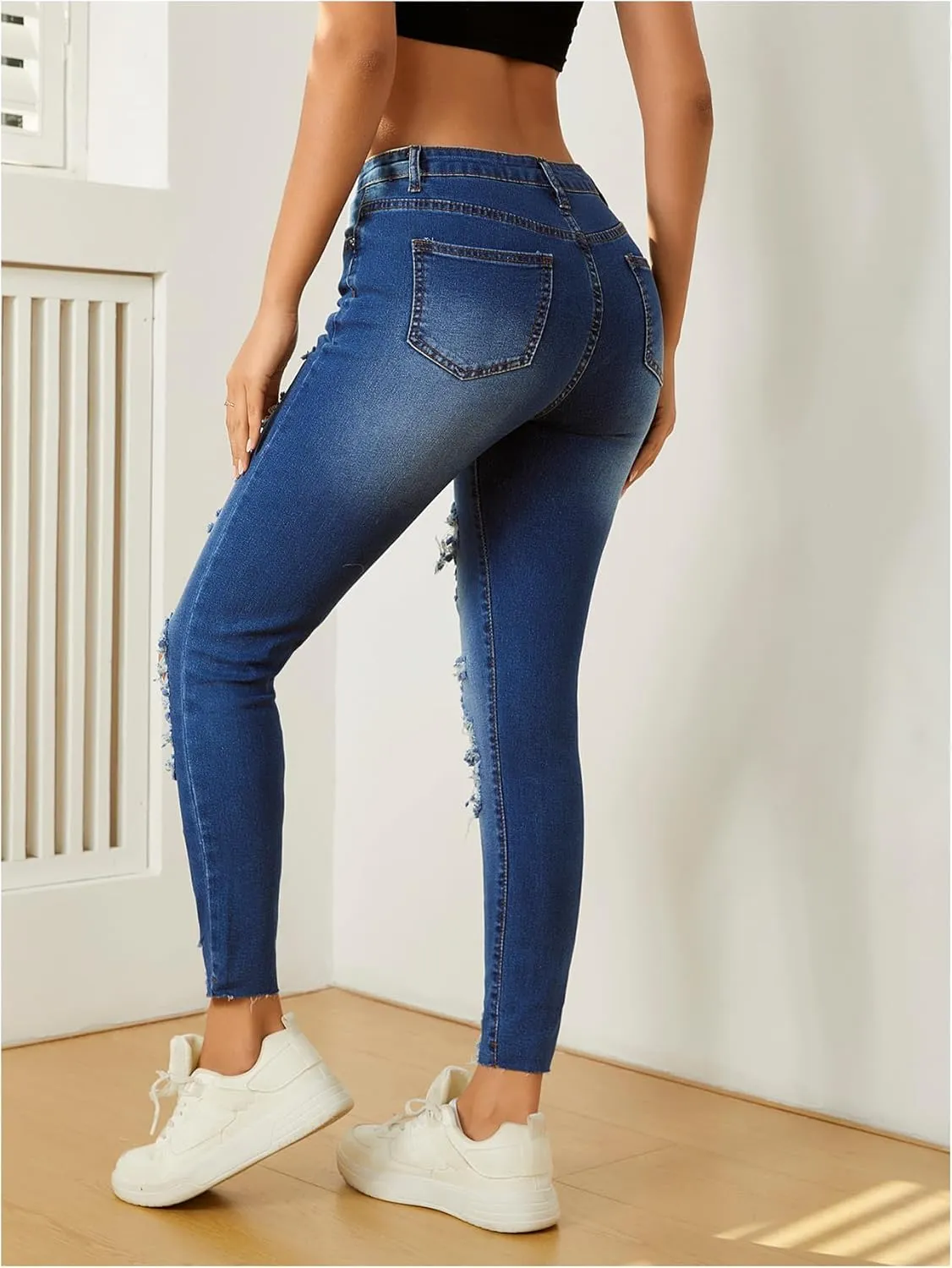 Floerns Women's Cut Out Ripped Jeans Raw Hem High Waist Skinny Denim Pants