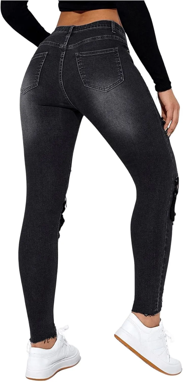 Floerns Women's Cut Out Ripped Jeans Raw Hem High Waist Skinny Denim Pants