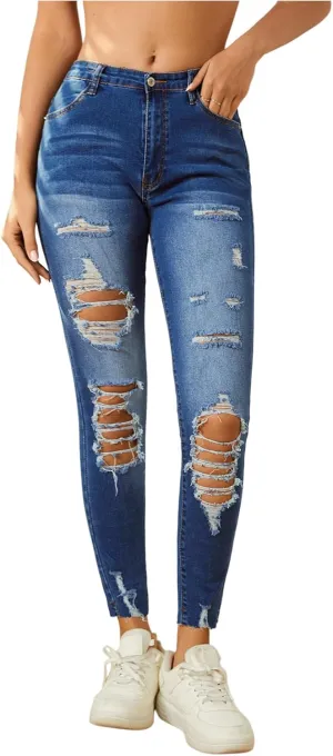 Floerns Women's Cut Out Ripped Jeans Raw Hem High Waist Skinny Denim Pants