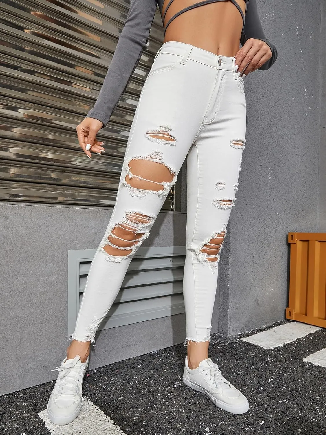 Floerns Women's Cut Out Ripped Jeans Raw Hem High Waist Skinny Denim Pants