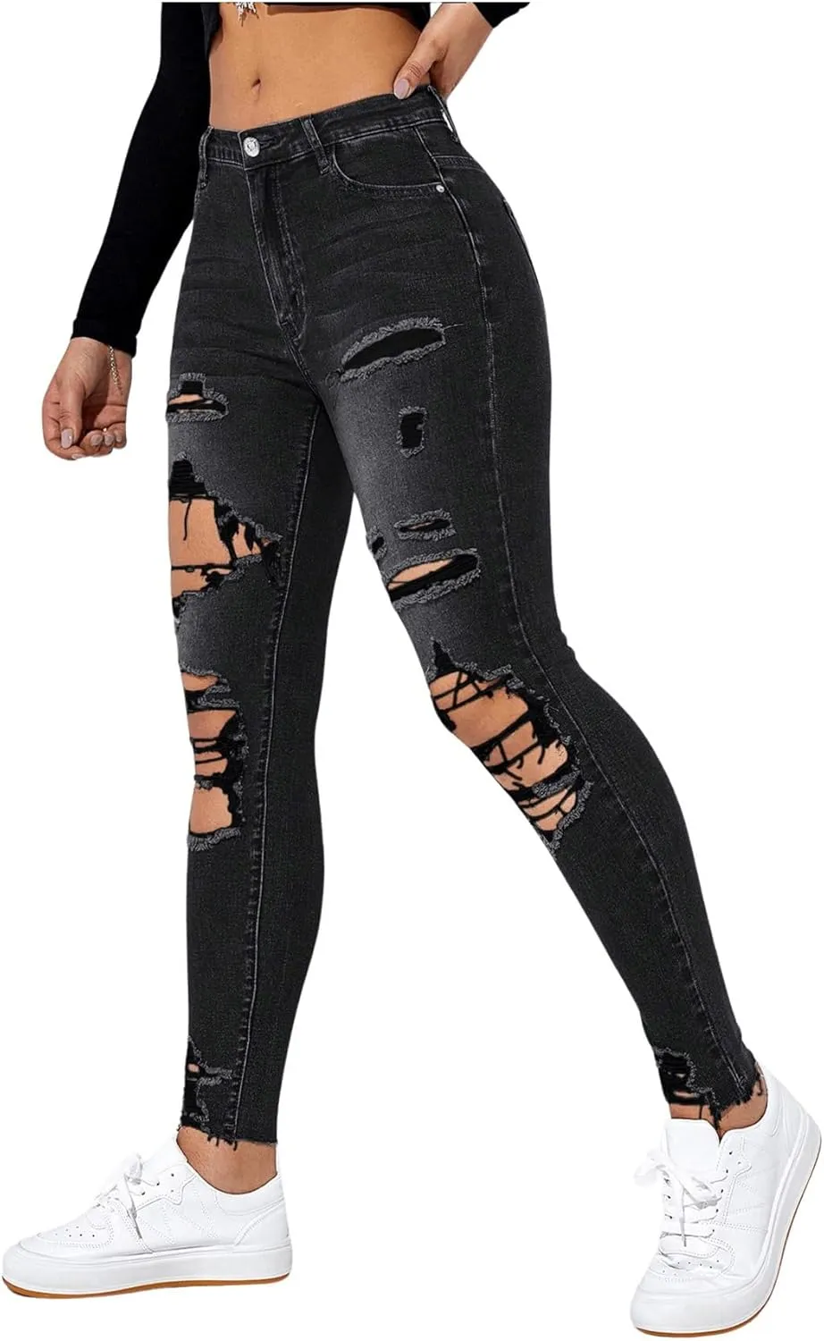 Floerns Women's Cut Out Ripped Jeans Raw Hem High Waist Skinny Denim Pants