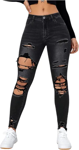 Floerns Women's Cut Out Ripped Jeans Raw Hem High Waist Skinny Denim Pants