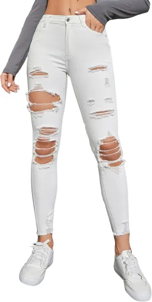 Floerns Women's Cut Out Ripped Jeans Raw Hem High Waist Skinny Denim Pants