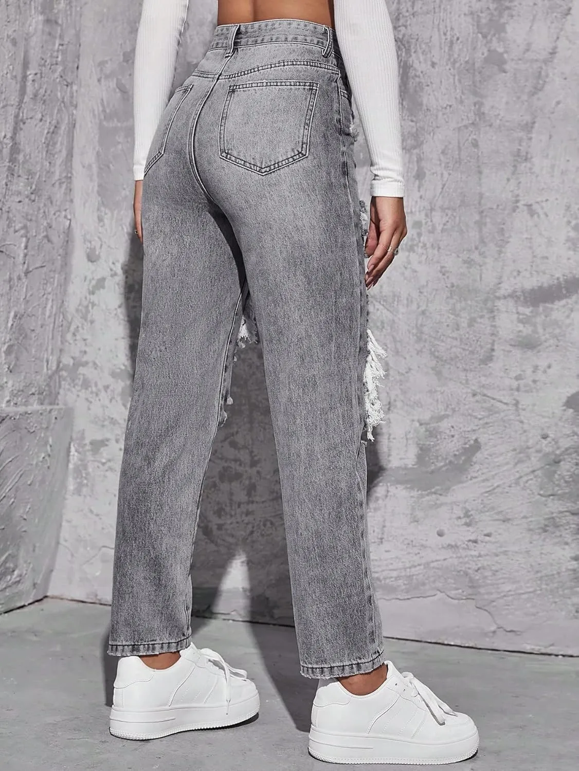 Floerns Women's High Waist Boyfriend Straight Leg Ripped Jeans Distressed Denim Pants Grey