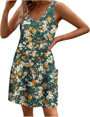 Floral Dress for Women Boho Style Beach Vacation Mini Dresses Summer Sleeveless V-Neck Casual Sundresses