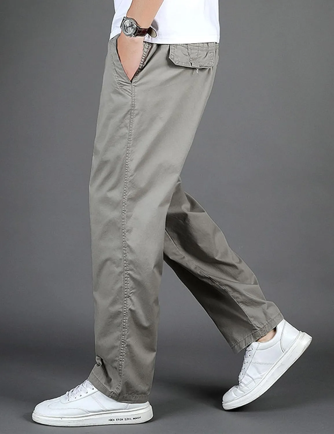 Flygo Men's Elastic Waist Classic Fit Chino Pants Slim Straight Fit Flat-Front Golf Pants Casual Travel Slacks