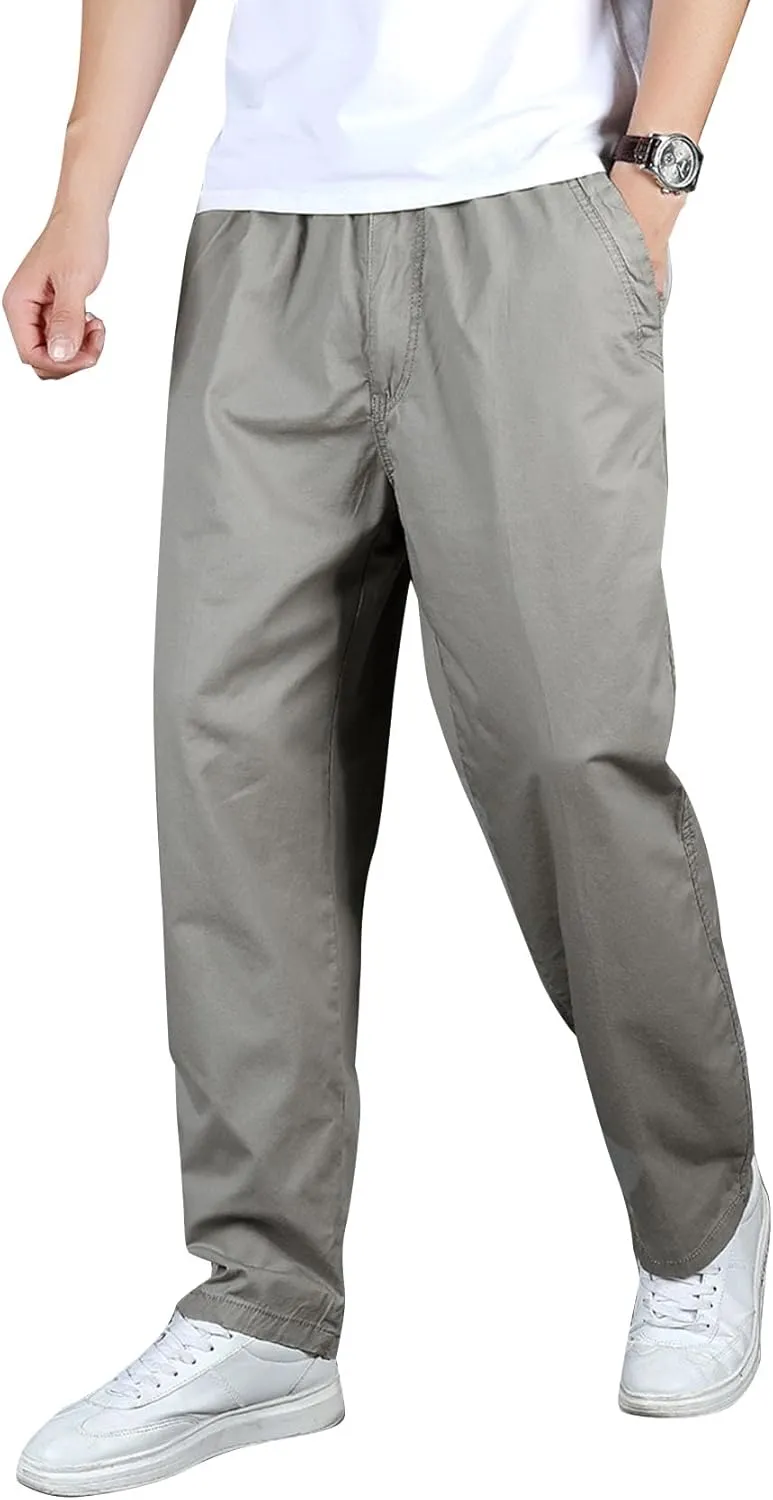 Flygo Men's Elastic Waist Classic Fit Chino Pants Slim Straight Fit Flat-Front Golf Pants Casual Travel Slacks