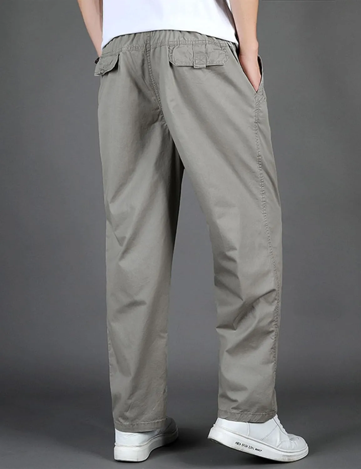 Flygo Men's Elastic Waist Classic Fit Chino Pants Slim Straight Fit Flat-Front Golf Pants Casual Travel Slacks