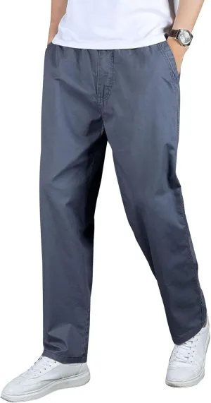 Flygo Men's Elastic Waist Classic Fit Chino Pants Slim Straight Fit Flat-Front Golf Pants Casual Travel Slacks