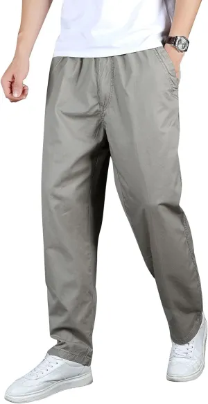 Flygo Men's Elastic Waist Classic Fit Chino Pants Slim Straight Fit Flat-Front Golf Pants Casual Travel Slacks
