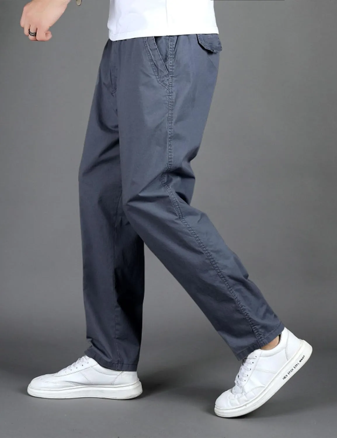 Flygo Men's Elastic Waist Classic Fit Chino Pants Slim Straight Fit Flat-Front Golf Pants Casual Travel Slacks