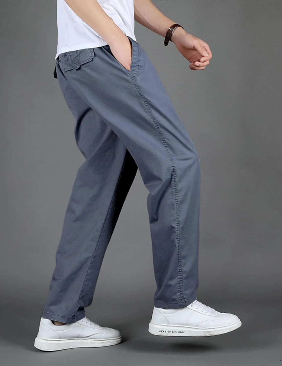 Flygo Men's Elastic Waist Classic Fit Chino Pants Slim Straight Fit Flat-Front Golf Pants Casual Travel Slacks