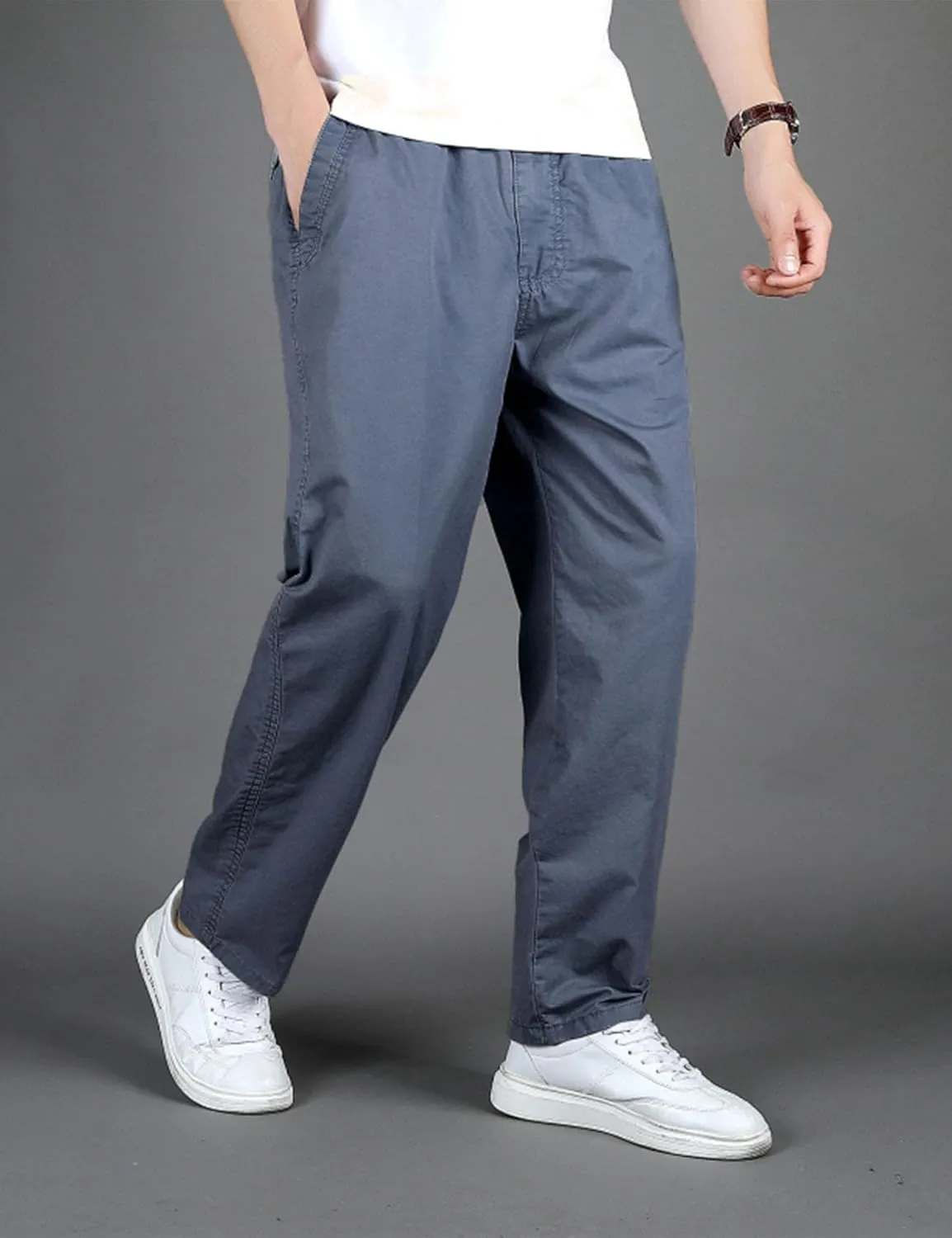 Flygo Men's Elastic Waist Classic Fit Chino Pants Slim Straight Fit Flat-Front Golf Pants Casual Travel Slacks