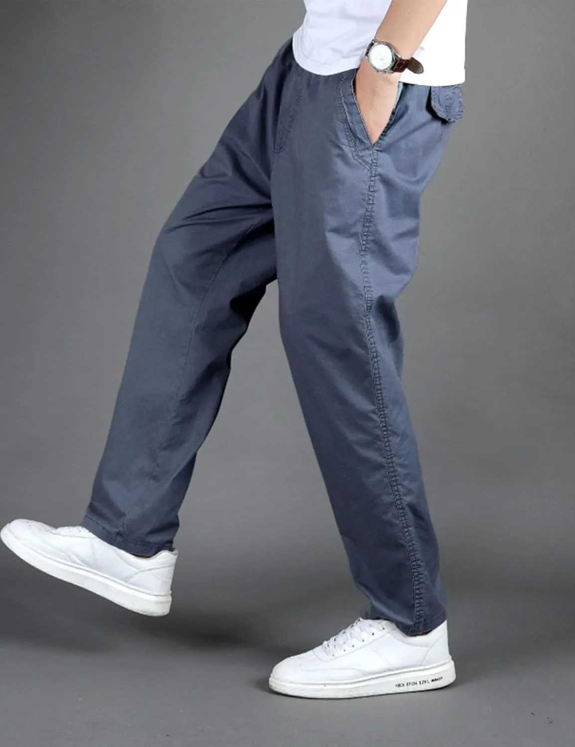 Flygo Men's Elastic Waist Classic Fit Chino Pants Slim Straight Fit Flat-Front Golf Pants Casual Travel Slacks