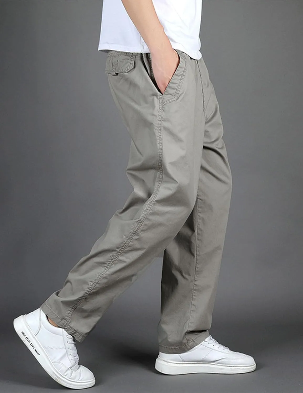 Flygo Men's Elastic Waist Classic Fit Chino Pants Slim Straight Fit Flat-Front Golf Pants Casual Travel Slacks