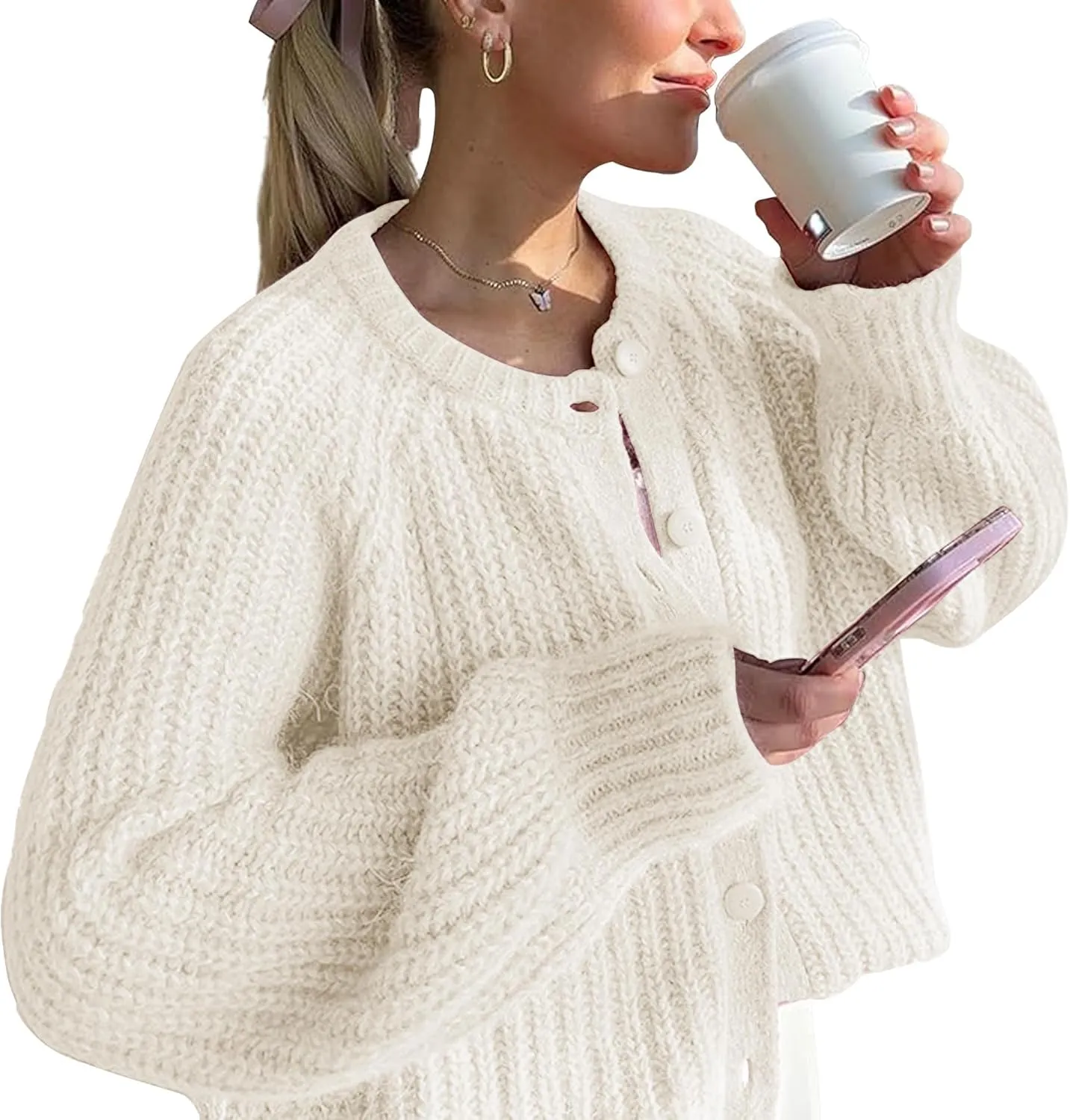 Flygo Women's Cardigan Sweater 2024 Fall Winter Chunky Long Sleeve Button Open Front Knit Solid Loose Cardigans Sweaters