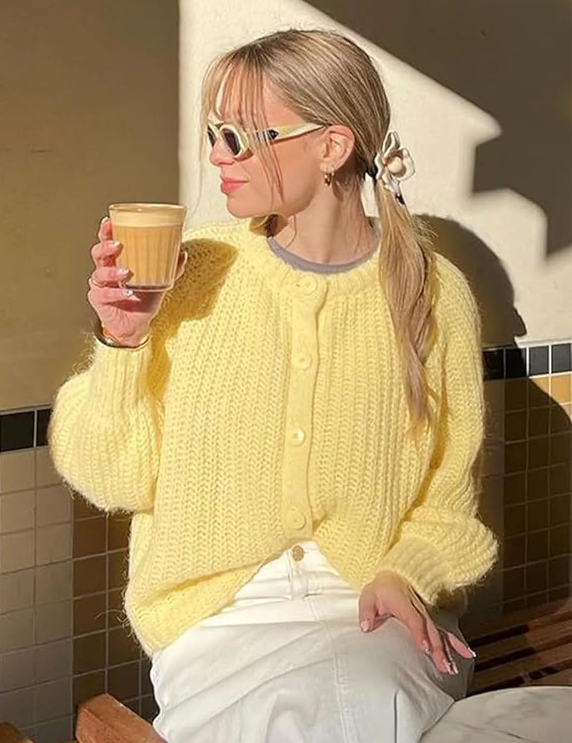 Flygo Women's Cardigan Sweater 2024 Fall Winter Chunky Long Sleeve Button Open Front Knit Solid Loose Cardigans Sweaters