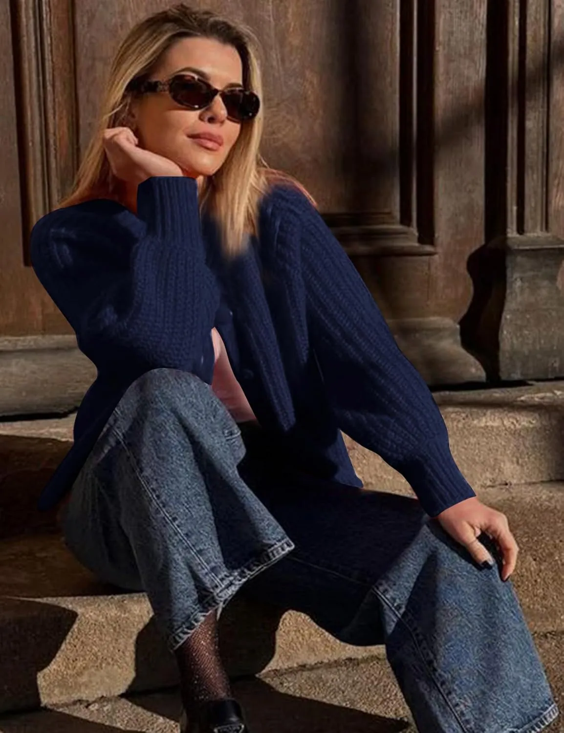 Flygo Women's Cardigan Sweater 2024 Fall Winter Chunky Long Sleeve Button Open Front Knit Solid Loose Cardigans Sweaters