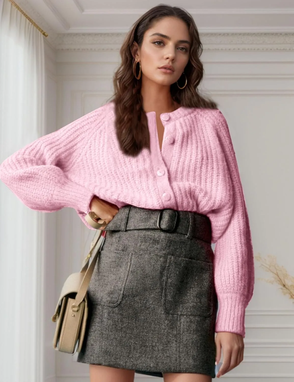 Flygo Women's Cardigan Sweater 2024 Fall Winter Chunky Long Sleeve Button Open Front Knit Solid Loose Cardigans Sweaters