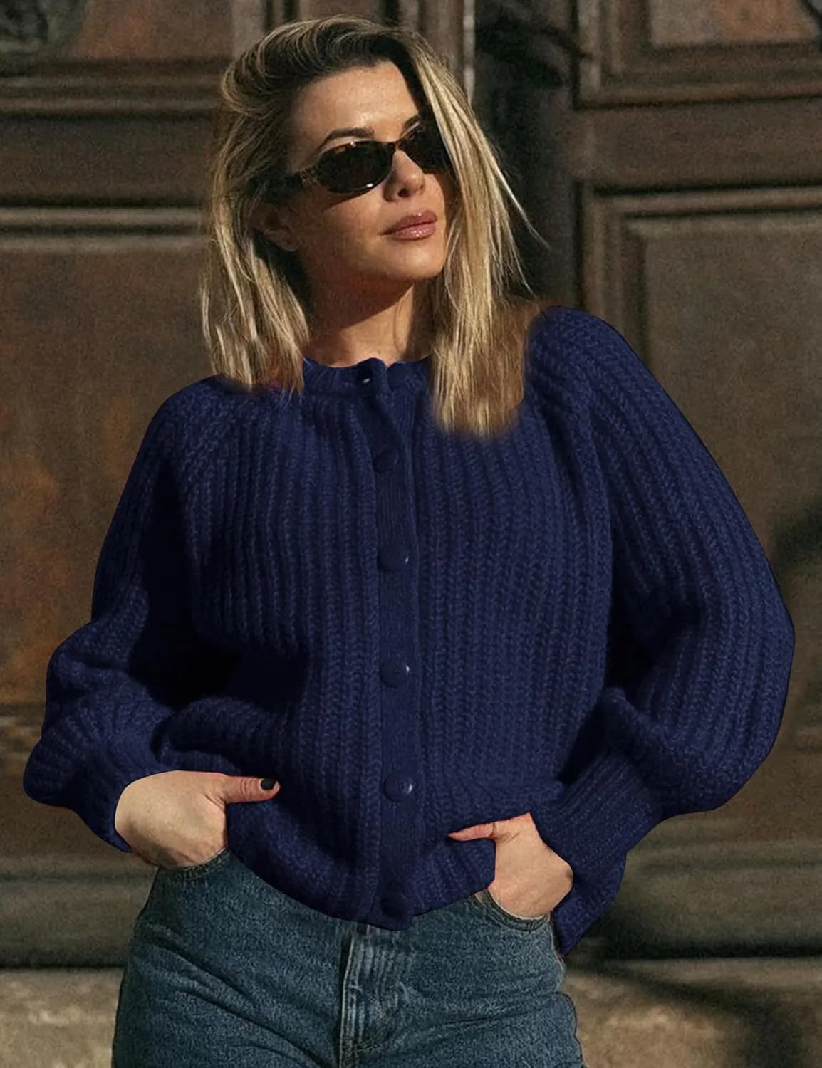 Flygo Women's Cardigan Sweater 2024 Fall Winter Chunky Long Sleeve Button Open Front Knit Solid Loose Cardigans Sweaters