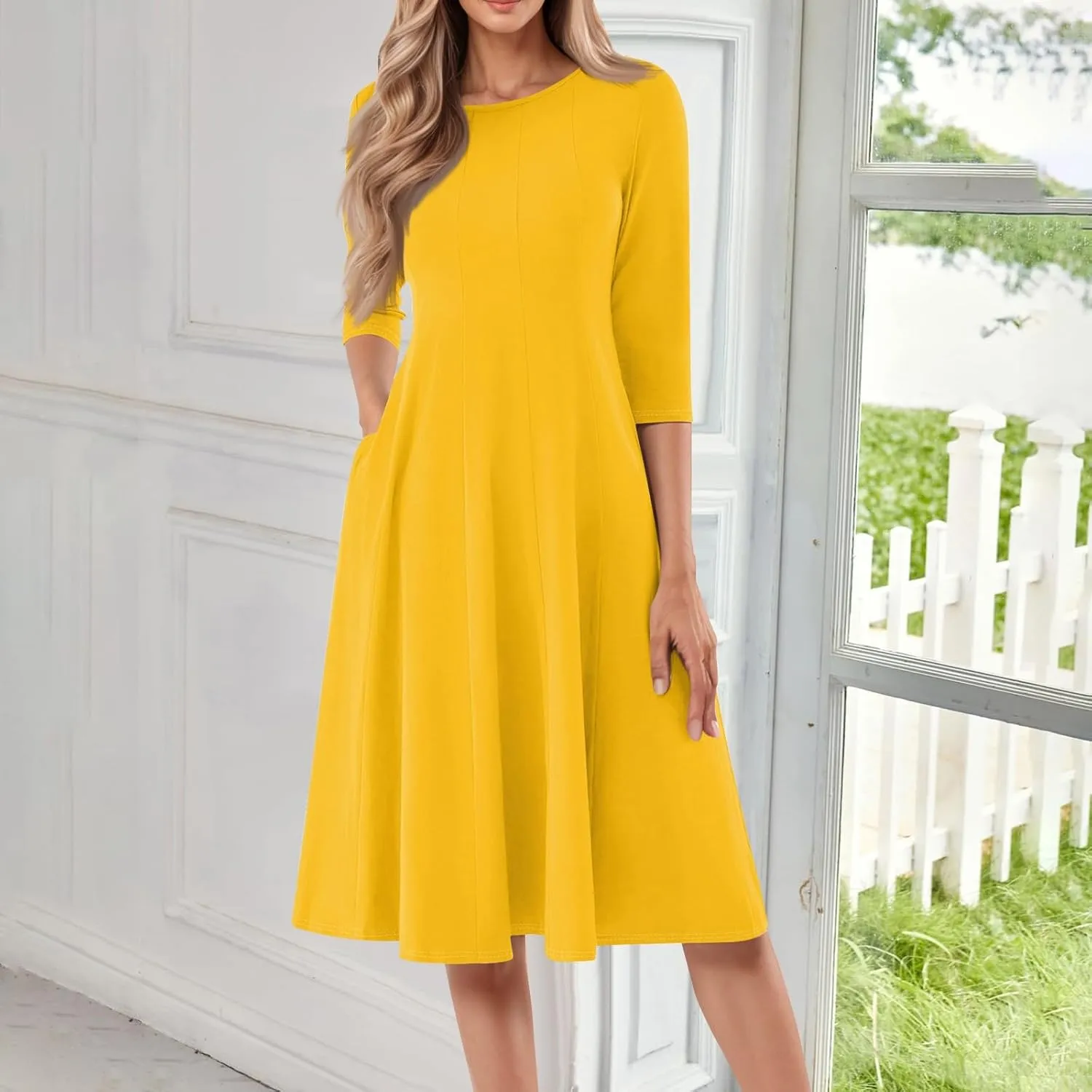 Formal Dresses for Women 2025 Winter Summer Spring Midi 3/4 Sleeve Casual Pleated A Line Dresses