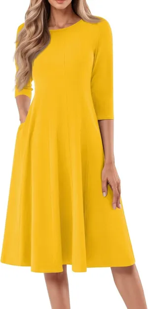Formal Dresses for Women 2025 Winter Summer Spring Midi 3/4 Sleeve Casual Pleated A Line Dresses