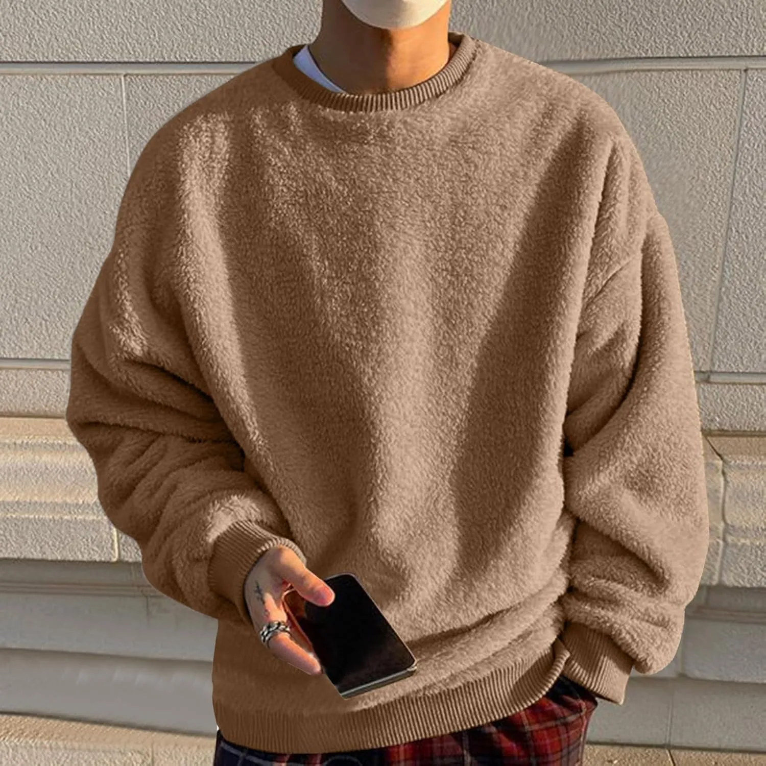 Fuzzy Sherpa Sweatshirt Mens Winter Fleece Pullover Crewneck Sweatshirts Loose Fit Solid Color Plus Size Tops