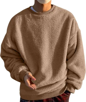 Fuzzy Sherpa Sweatshirt Mens Winter Fleece Pullover Crewneck Sweatshirts Loose Fit Solid Color Plus Size Tops