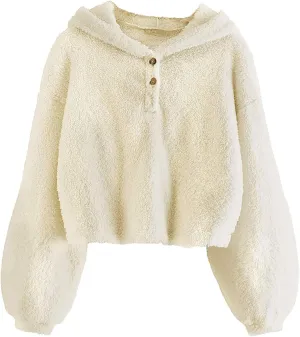 Girl's Fuzzy Hoodies Long Sleeve Warm Loose Button Pullover Oversized Sherp Jacket Coat Tops Winter Clothes