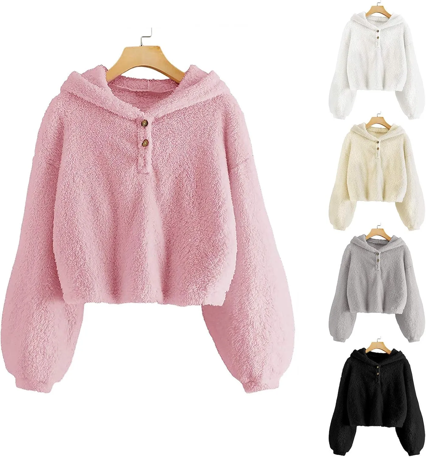 Girl's Fuzzy Hoodies Long Sleeve Warm Loose Button Pullover Oversized Sherp Jacket Coat Tops Winter Clothes