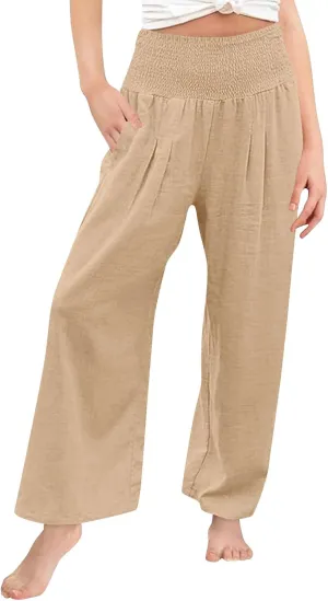 Girls Linen Pants Summer Boho Wide Leg Pleated High Waist Trousers Kids Y2K Aesthetic Baggy Elastic Palazzo Pants