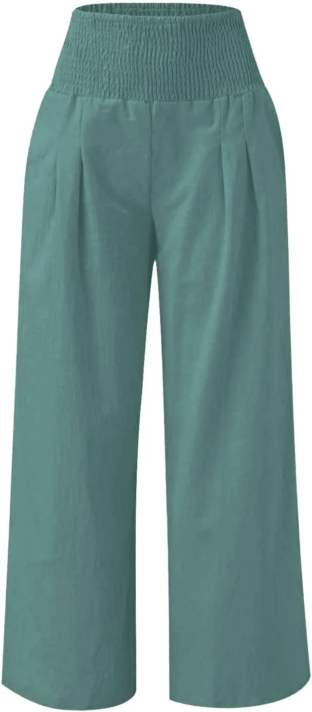 Girls Linen Pants Summer Boho Wide Leg Pleated High Waist Trousers Kids Y2K Aesthetic Baggy Elastic Palazzo Pants