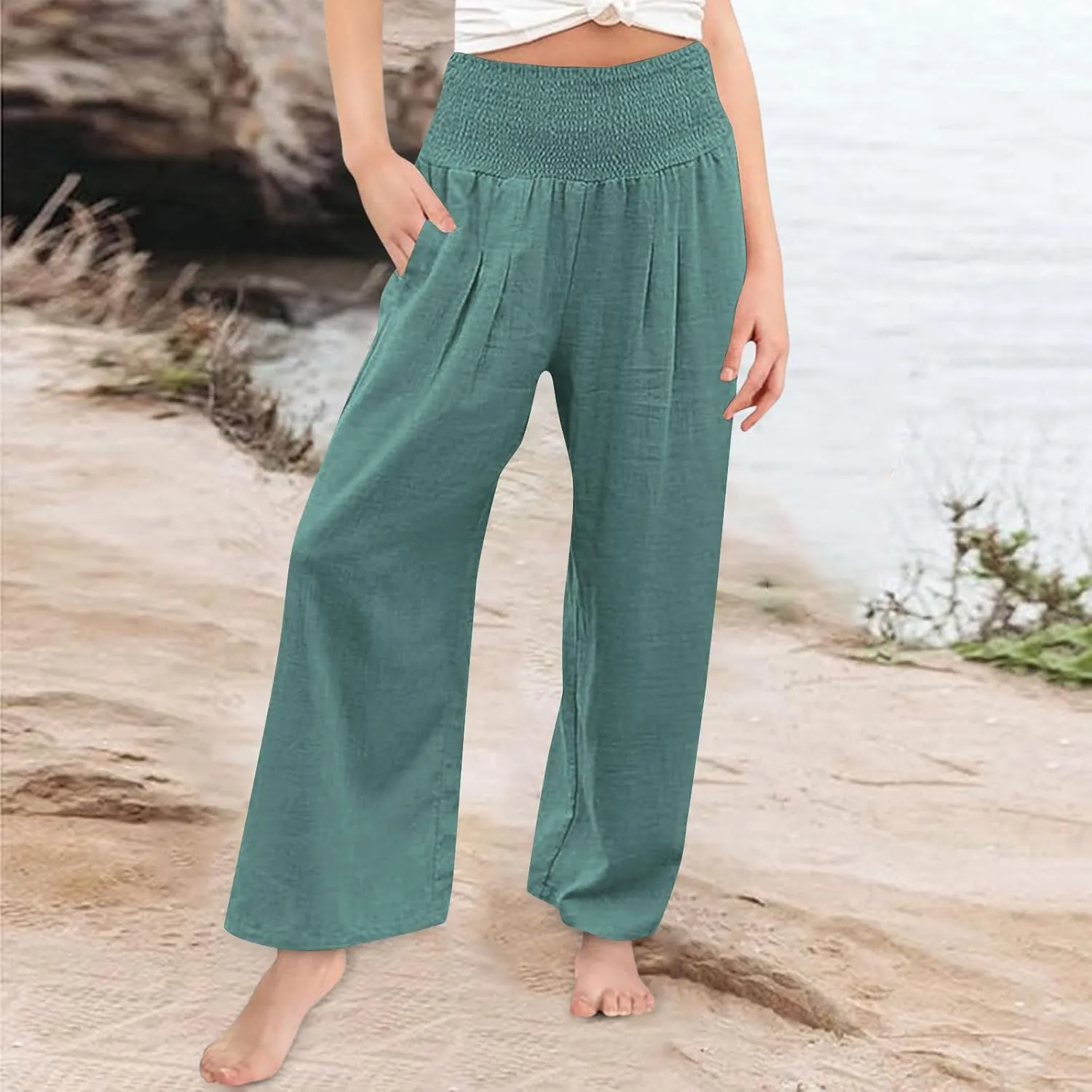 Girls Linen Pants Summer Boho Wide Leg Pleated High Waist Trousers Kids Y2K Aesthetic Baggy Elastic Palazzo Pants