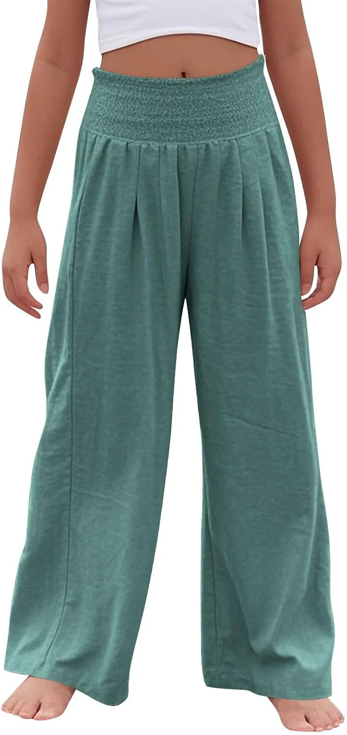 Girls Linen Pants Summer Boho Wide Leg Pleated High Waist Trousers Kids Y2K Aesthetic Baggy Elastic Palazzo Pants