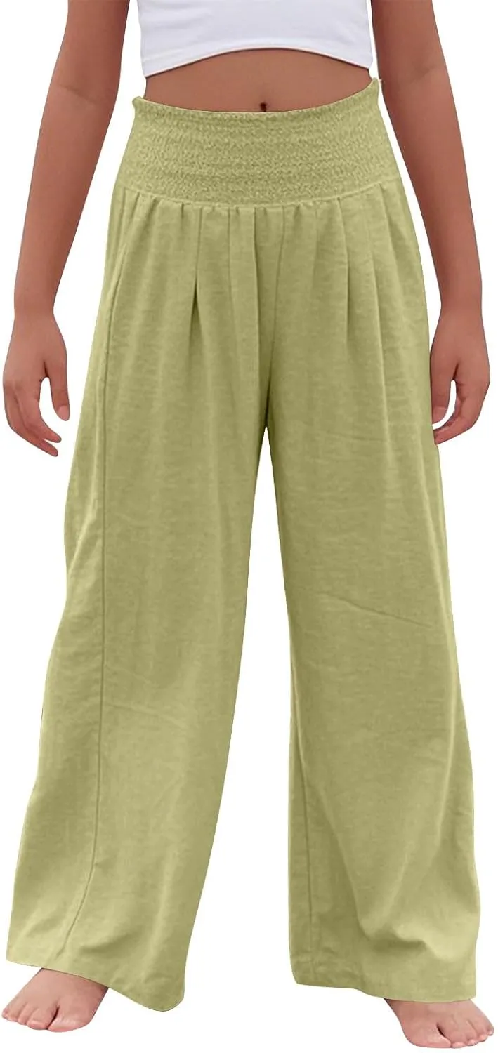 Girls Linen Pants Summer Boho Wide Leg Pleated High Waist Trousers Kids Y2K Aesthetic Baggy Elastic Palazzo Pants