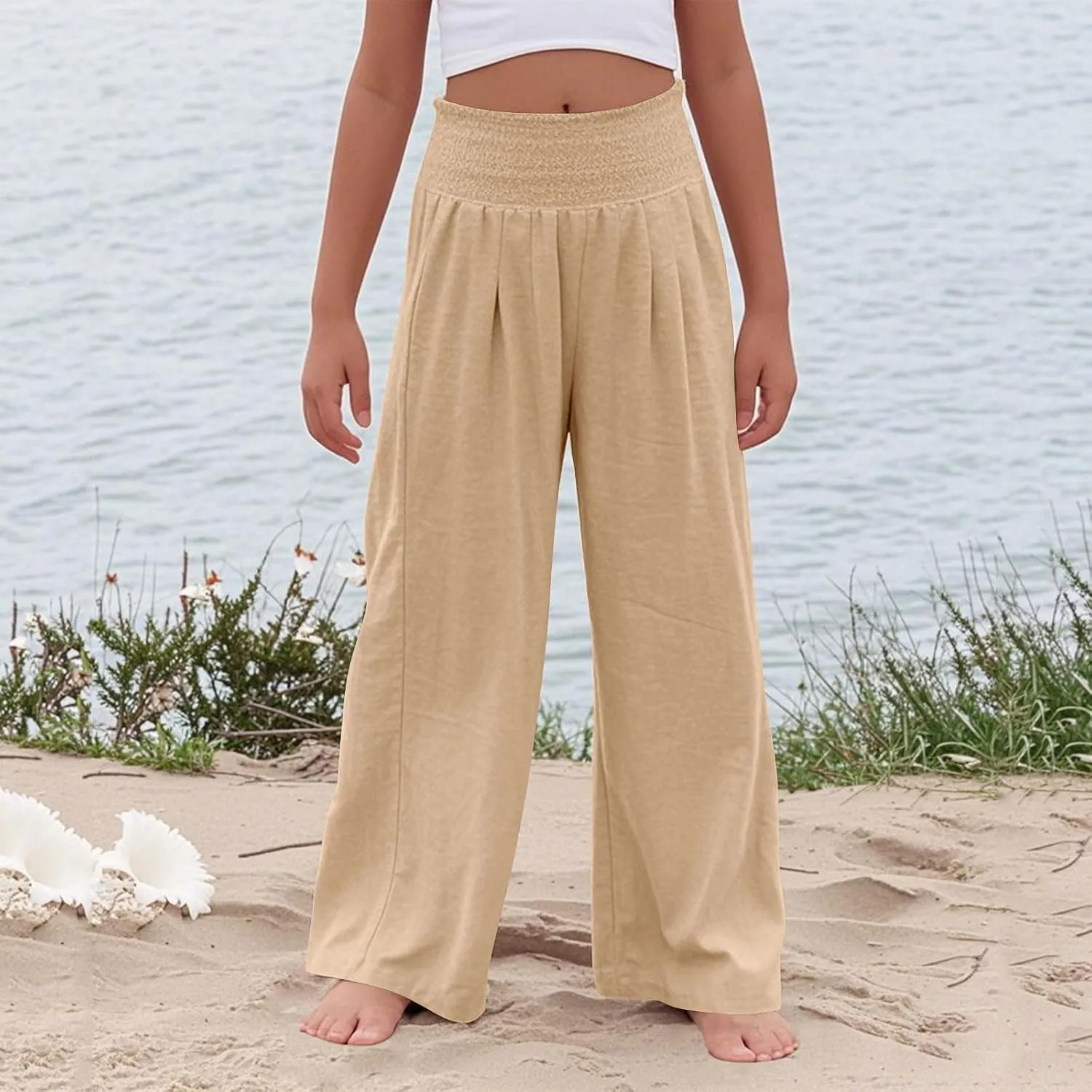 Girls Linen Pants Summer Boho Wide Leg Pleated High Waist Trousers Kids Y2K Aesthetic Baggy Elastic Palazzo Pants