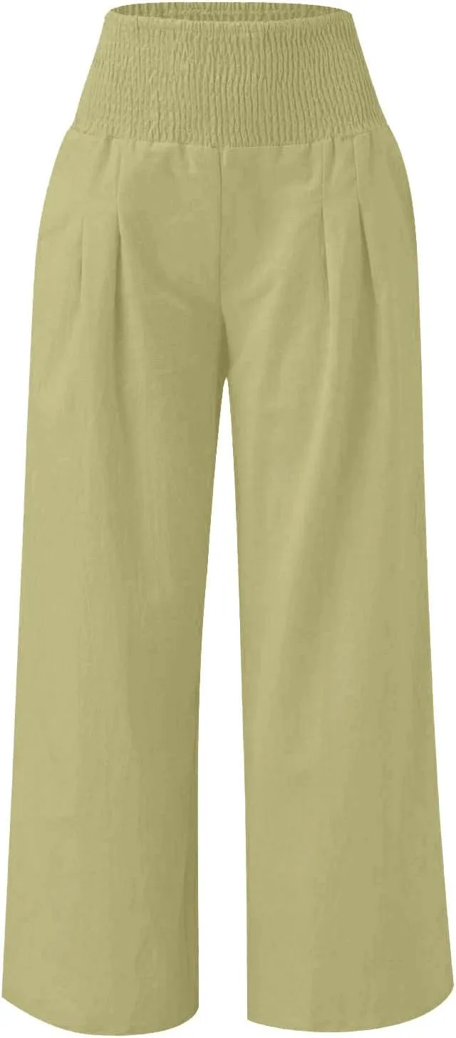 Girls Linen Pants Summer Boho Wide Leg Pleated High Waist Trousers Kids Y2K Aesthetic Baggy Elastic Palazzo Pants