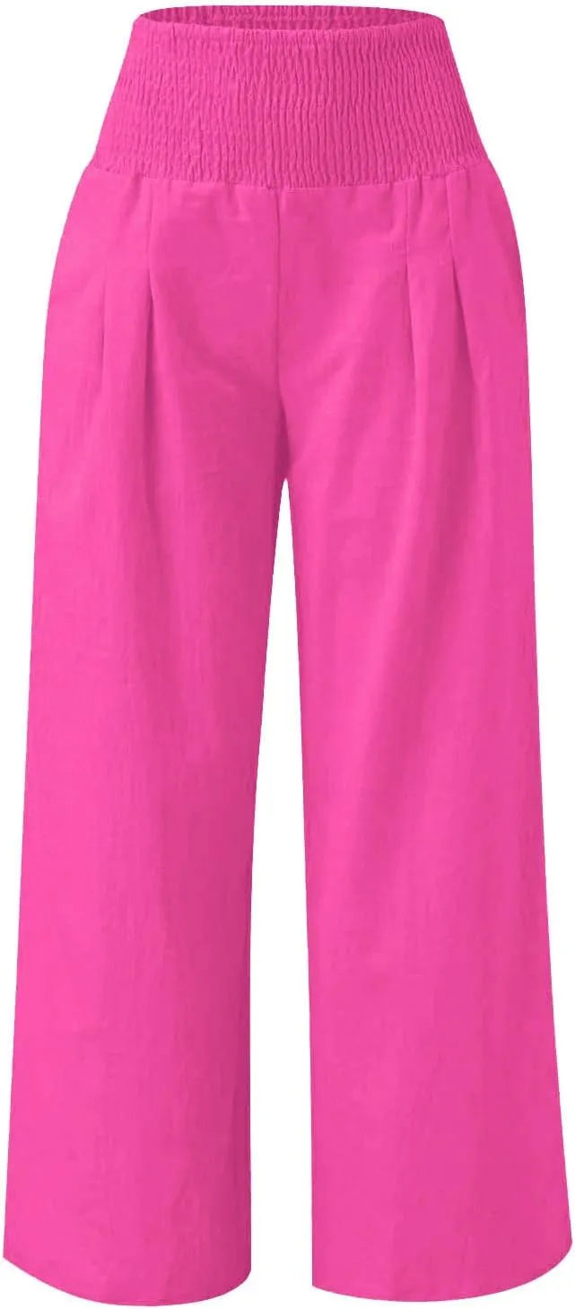 Girls Linen Pants Summer Boho Wide Leg Pleated High Waist Trousers Kids Y2K Aesthetic Baggy Elastic Palazzo Pants